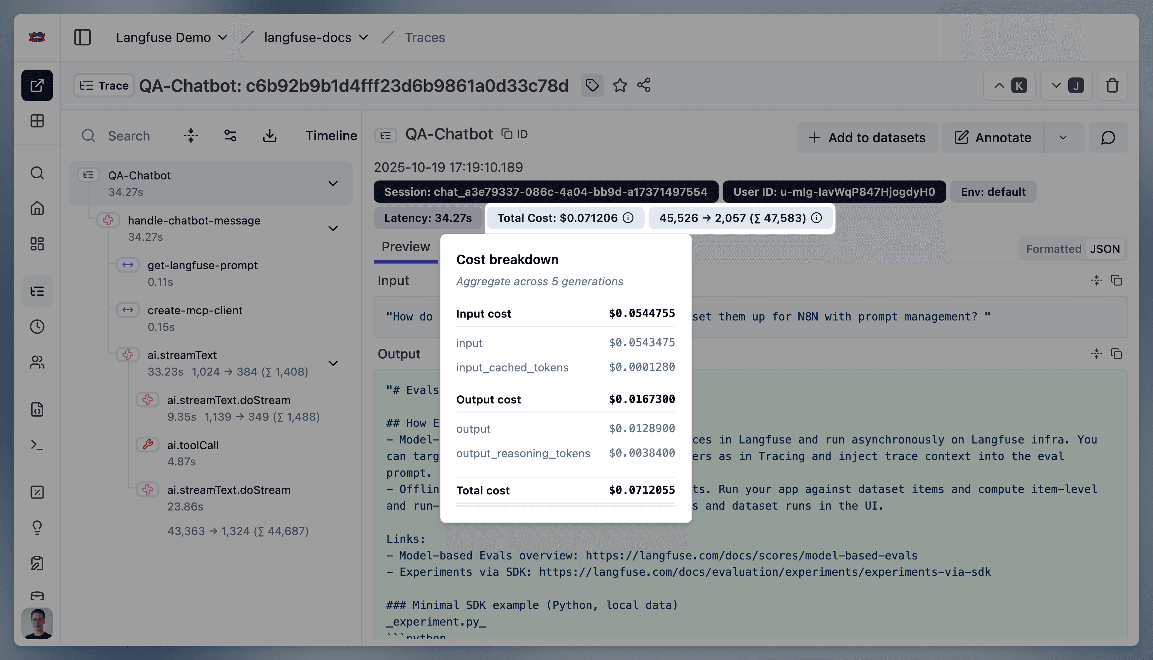 Model cost breakdown in Litefuse UI