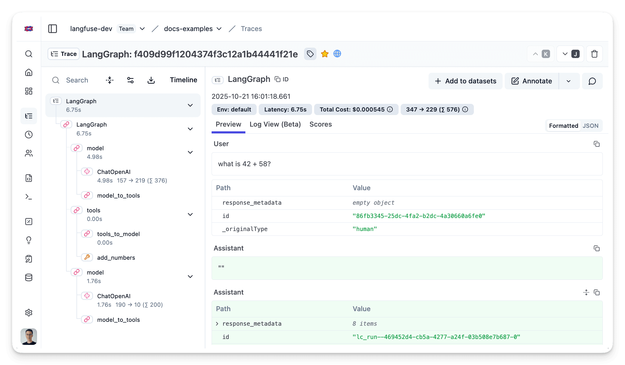 Example trace in Litefuse