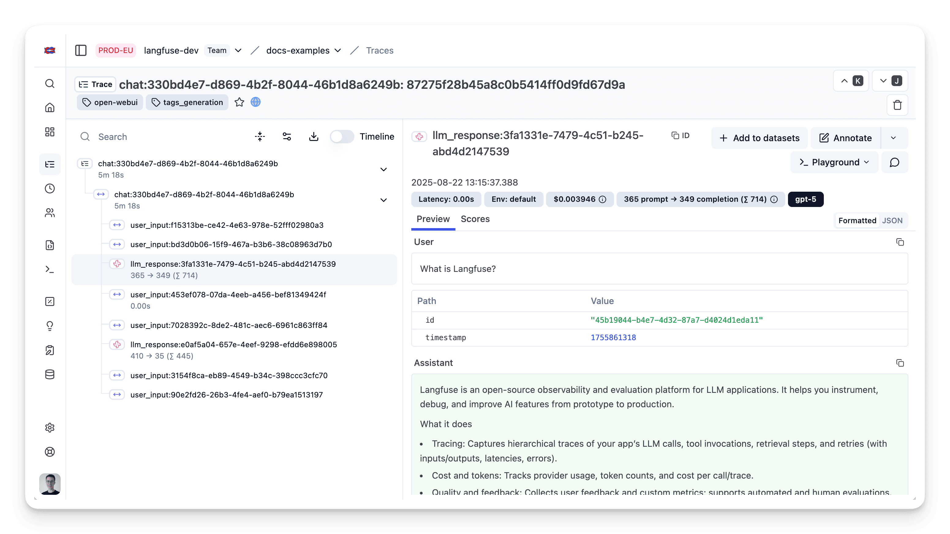 OpenWebUI Example Trace in Litefuse