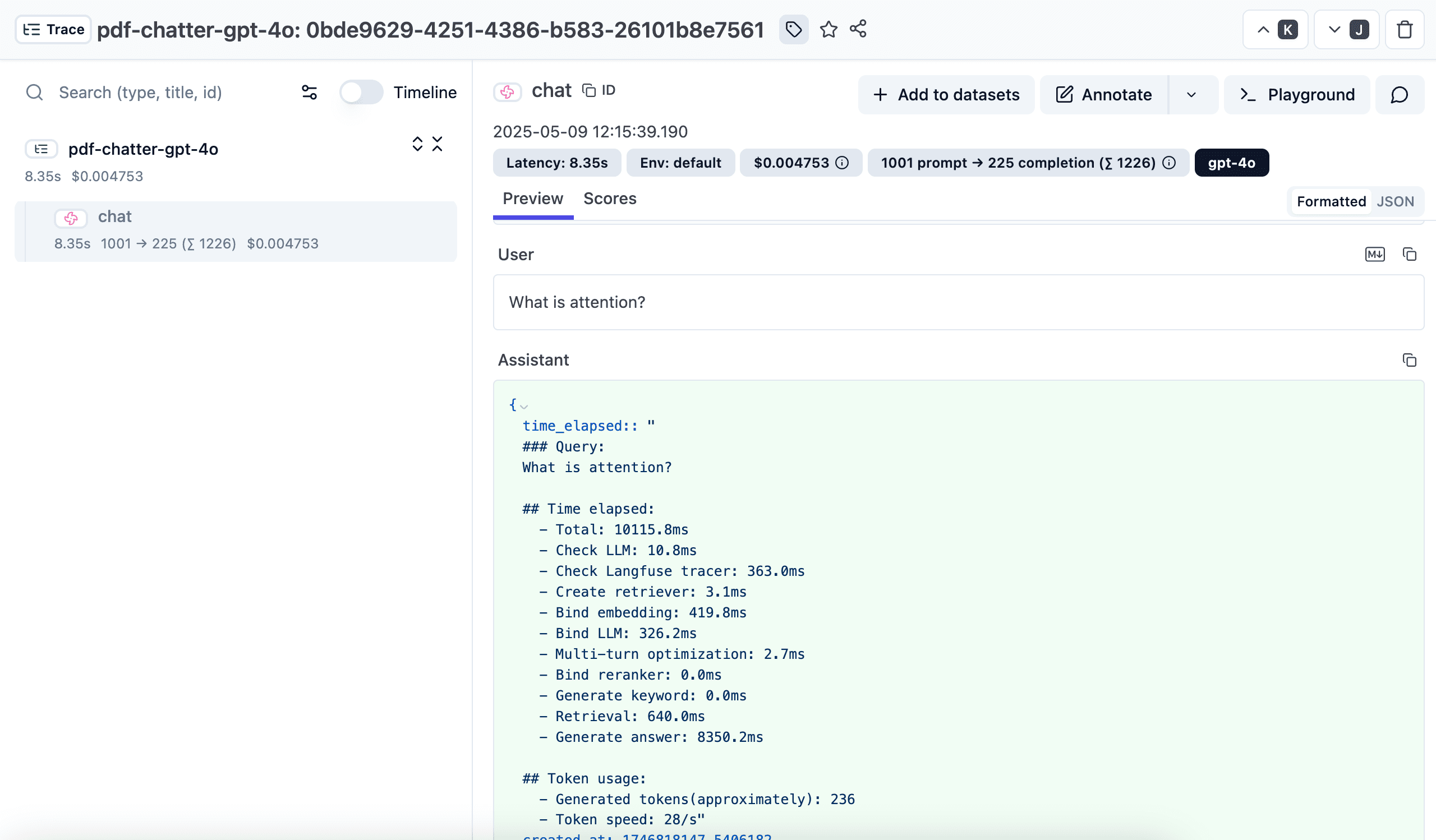 Example Ragflow trace in Litefuse