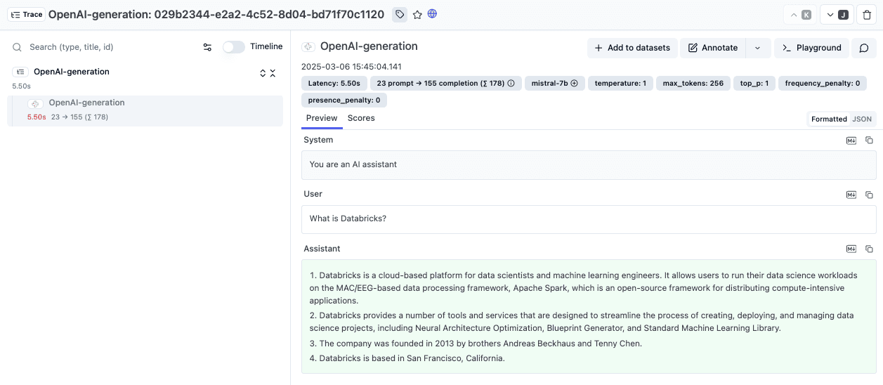 Litefuse 中的 Databricks 示例 trace