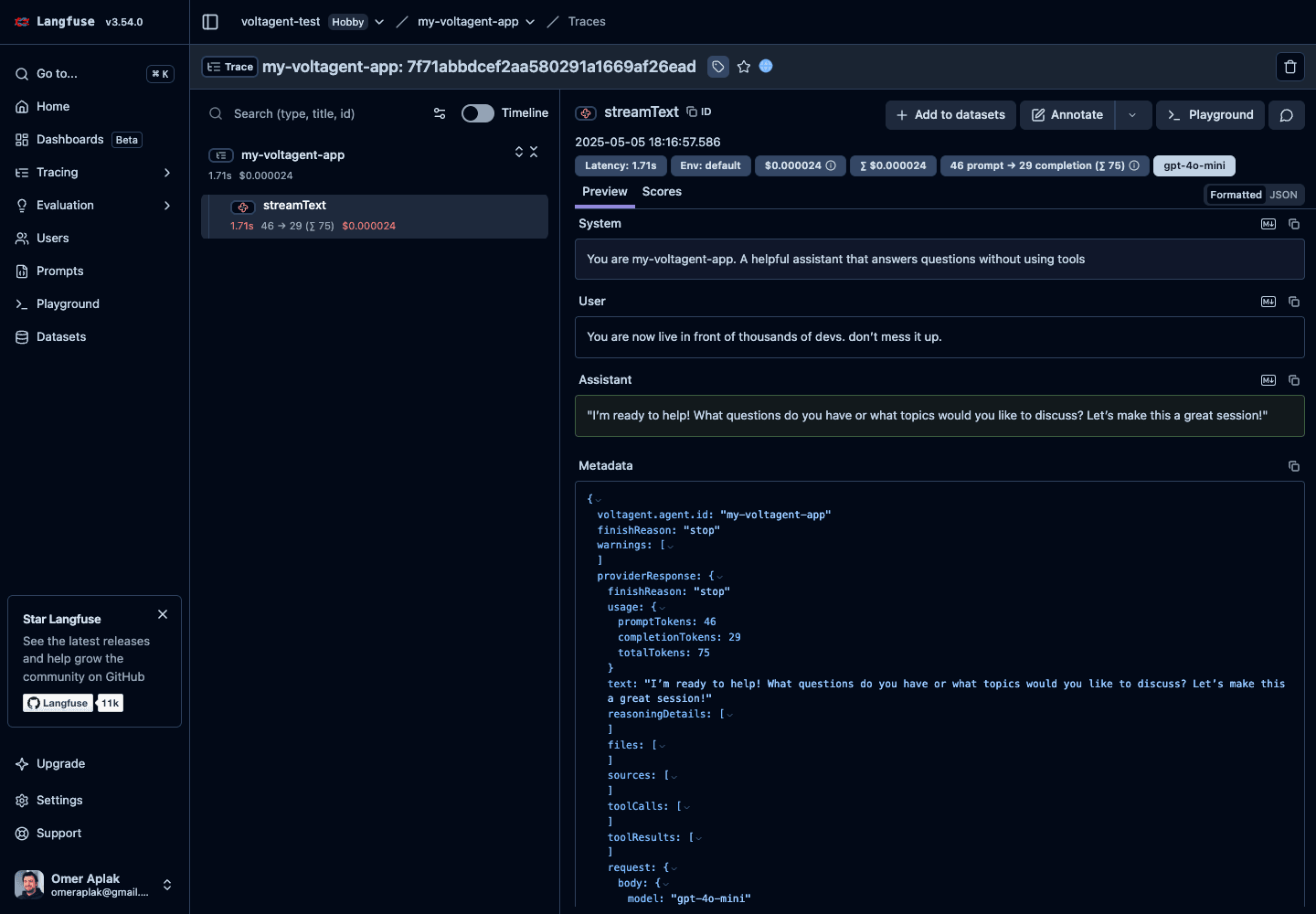 Litefuse UI 中的 VoltAgent trace