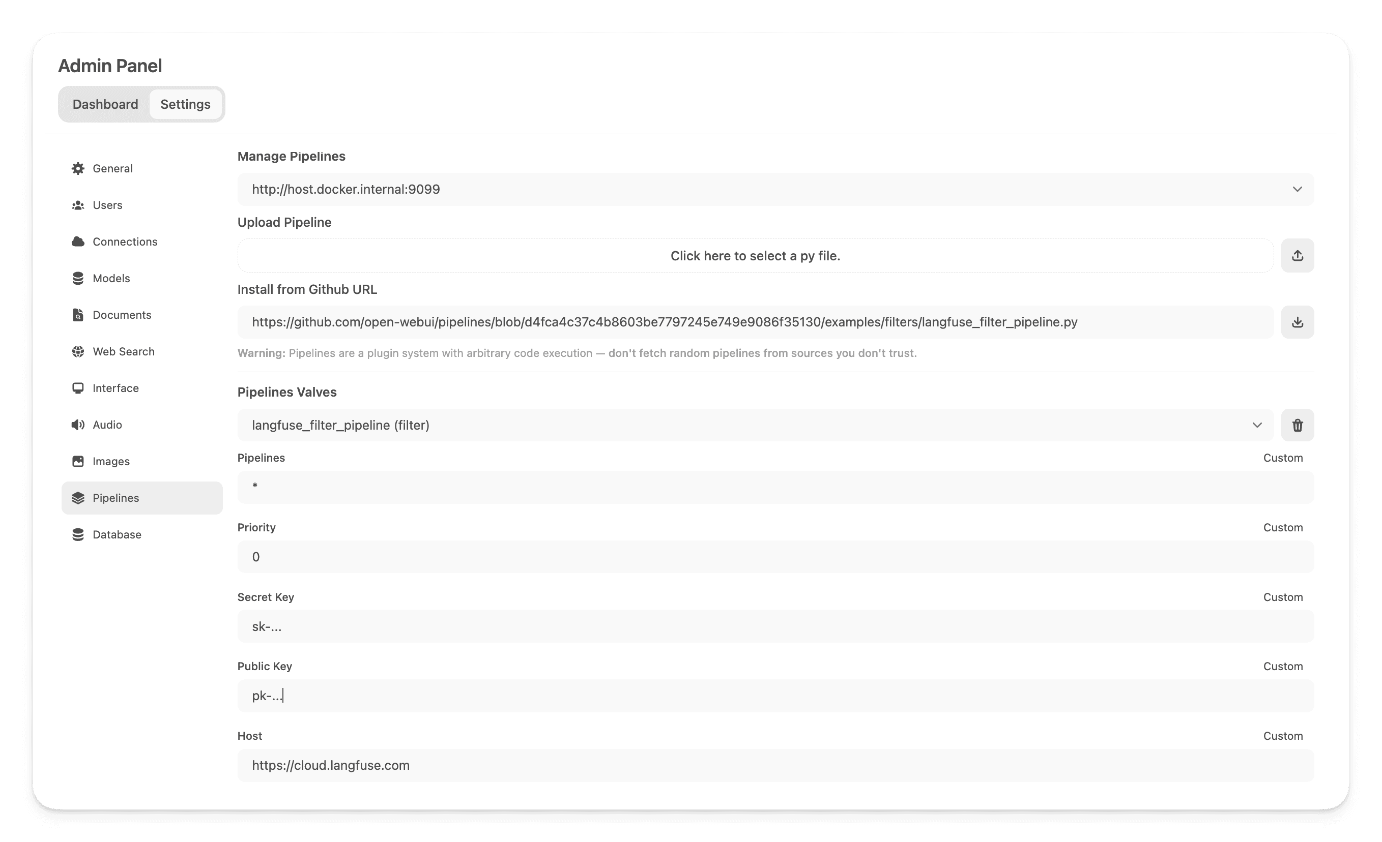 OpenWebUI add Litefuse Pipeline