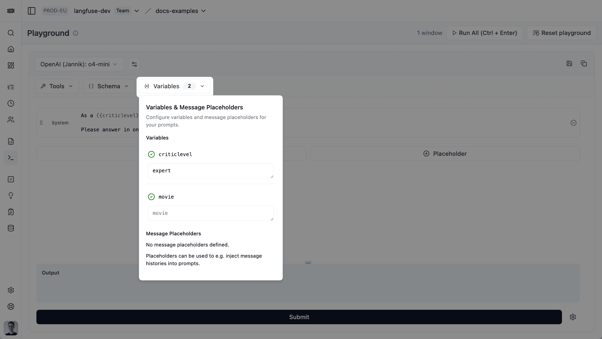 Prompt with variables in the Litefuse UI