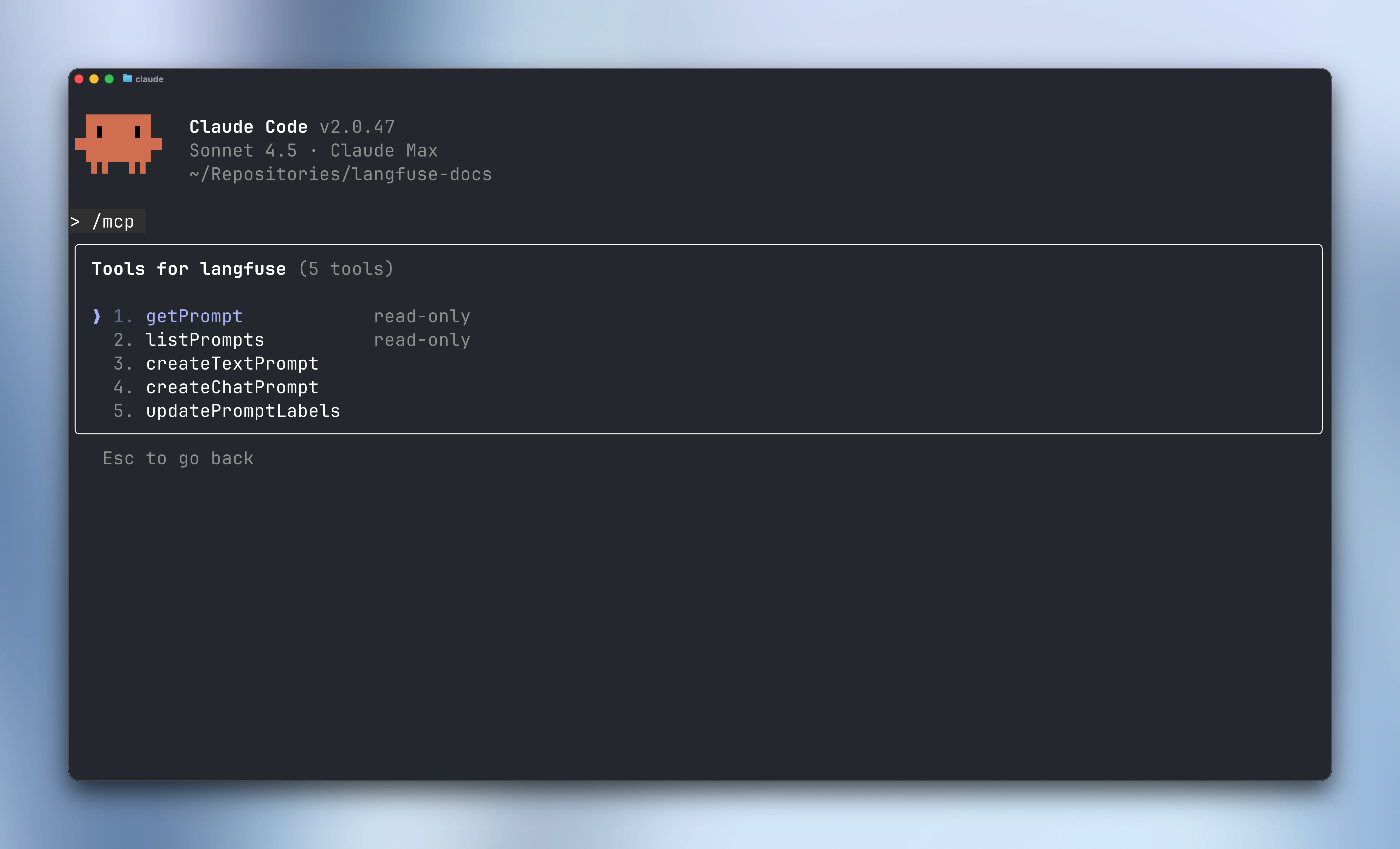 Litefuse MCP Server tools in Claude Code showing 5 tools: getPrompt, listPrompts, createTextPrompt, createChatPrompt, and updatePromptLabels