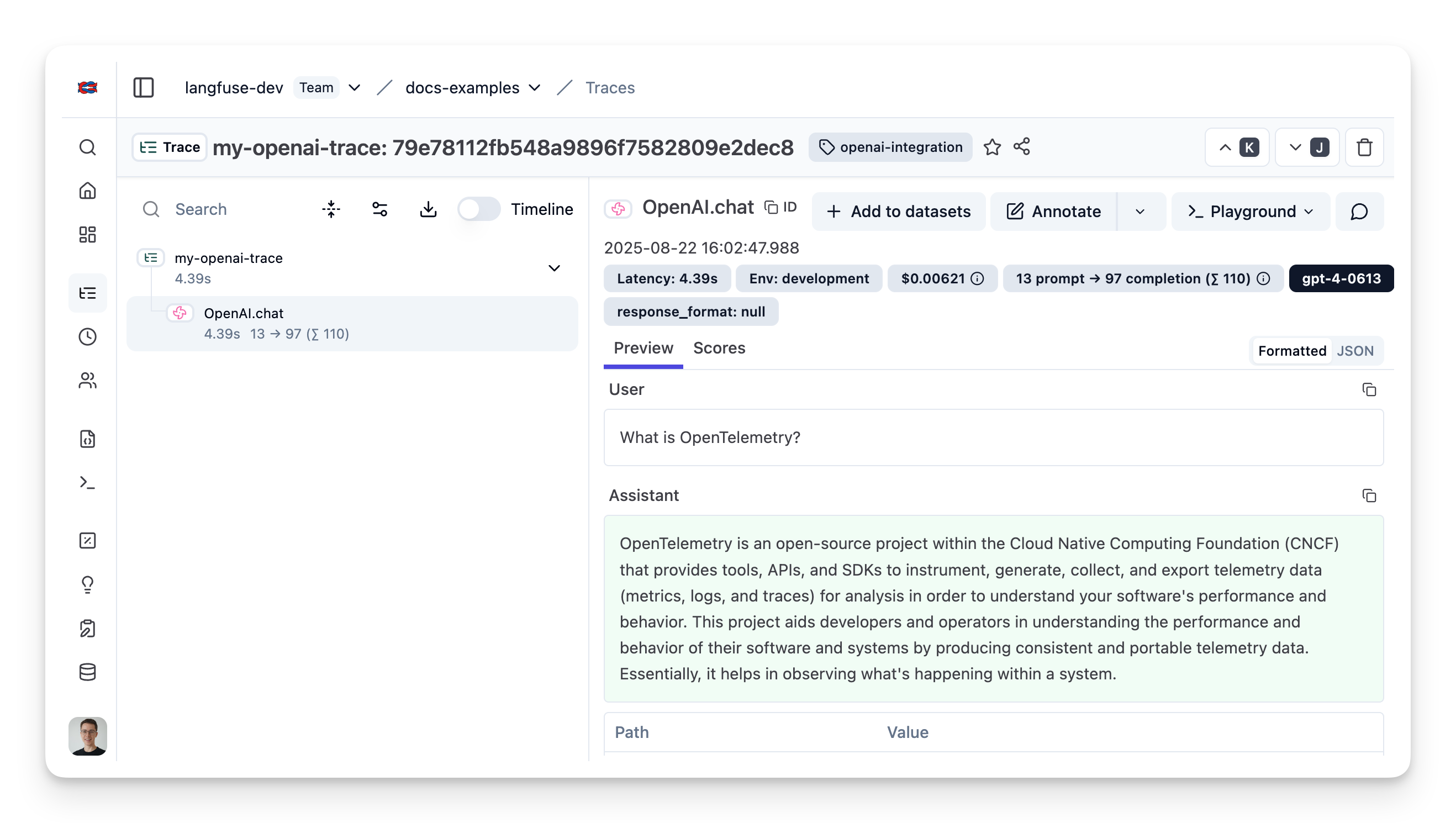 Example trace of the OpenAI generation