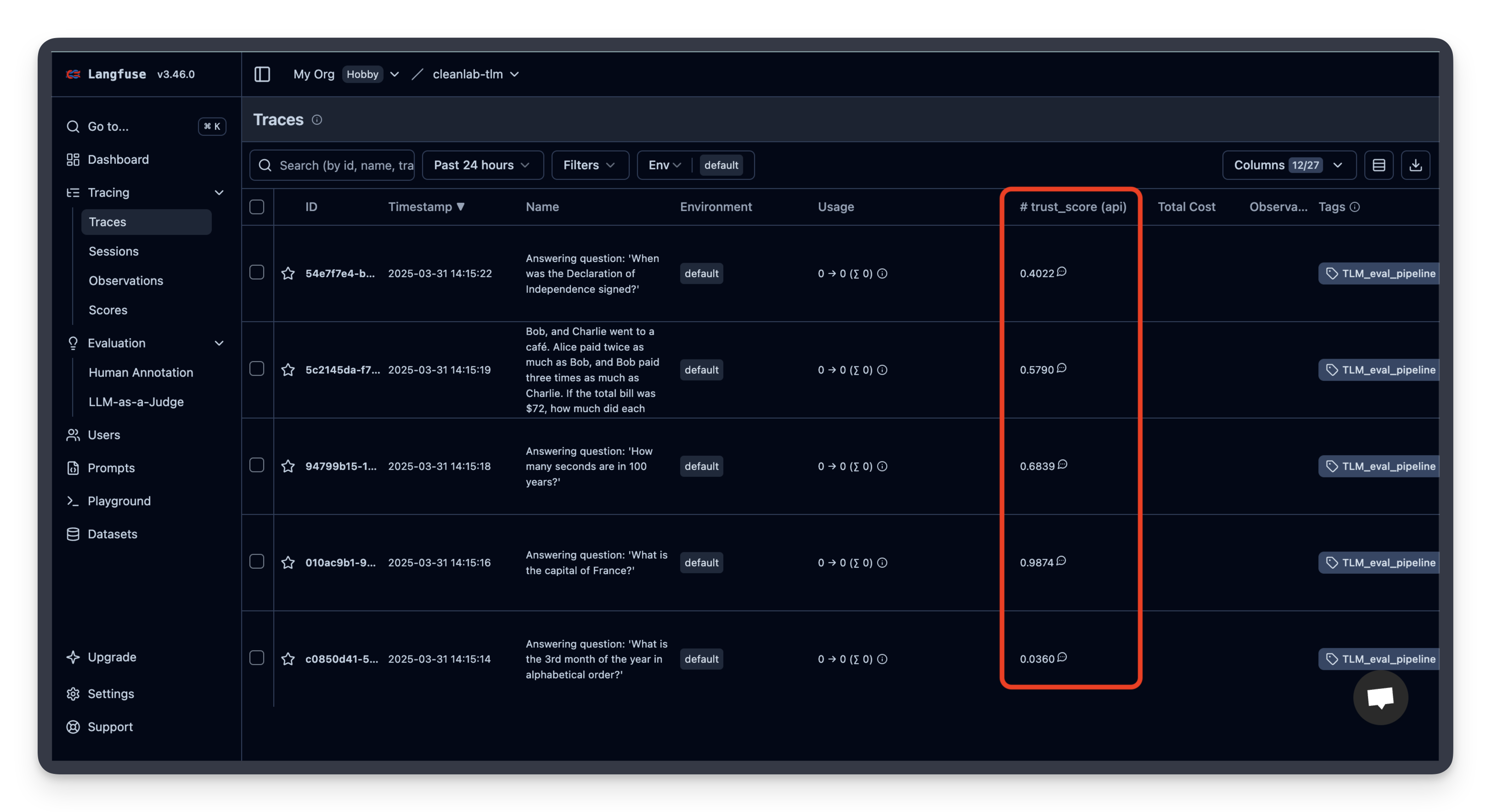 Image of Litefuse platform showing Cleanlab's TLM trust score