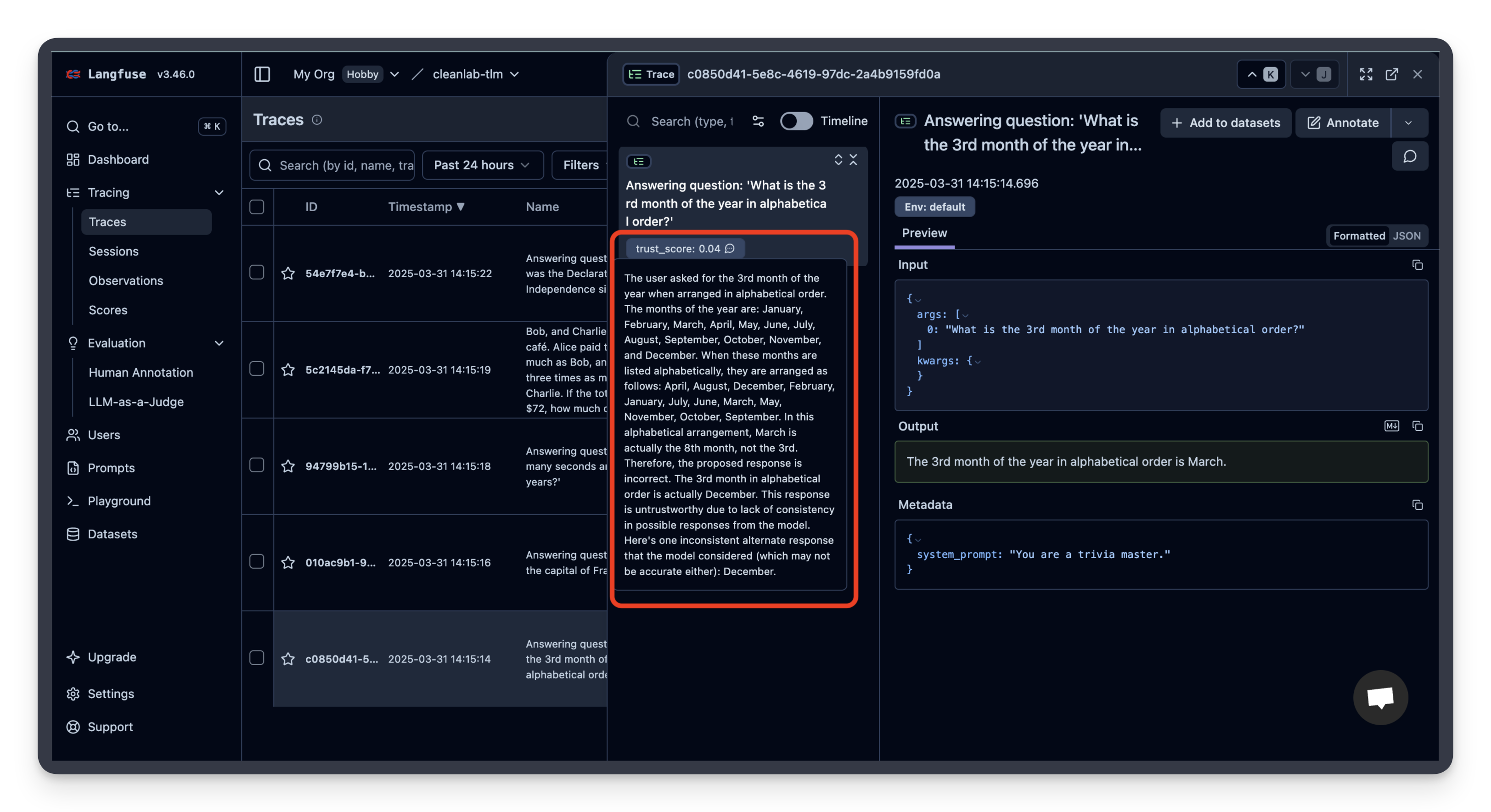 Image of Litefuse platform showing Cleanlab's TLM trust score and explanation