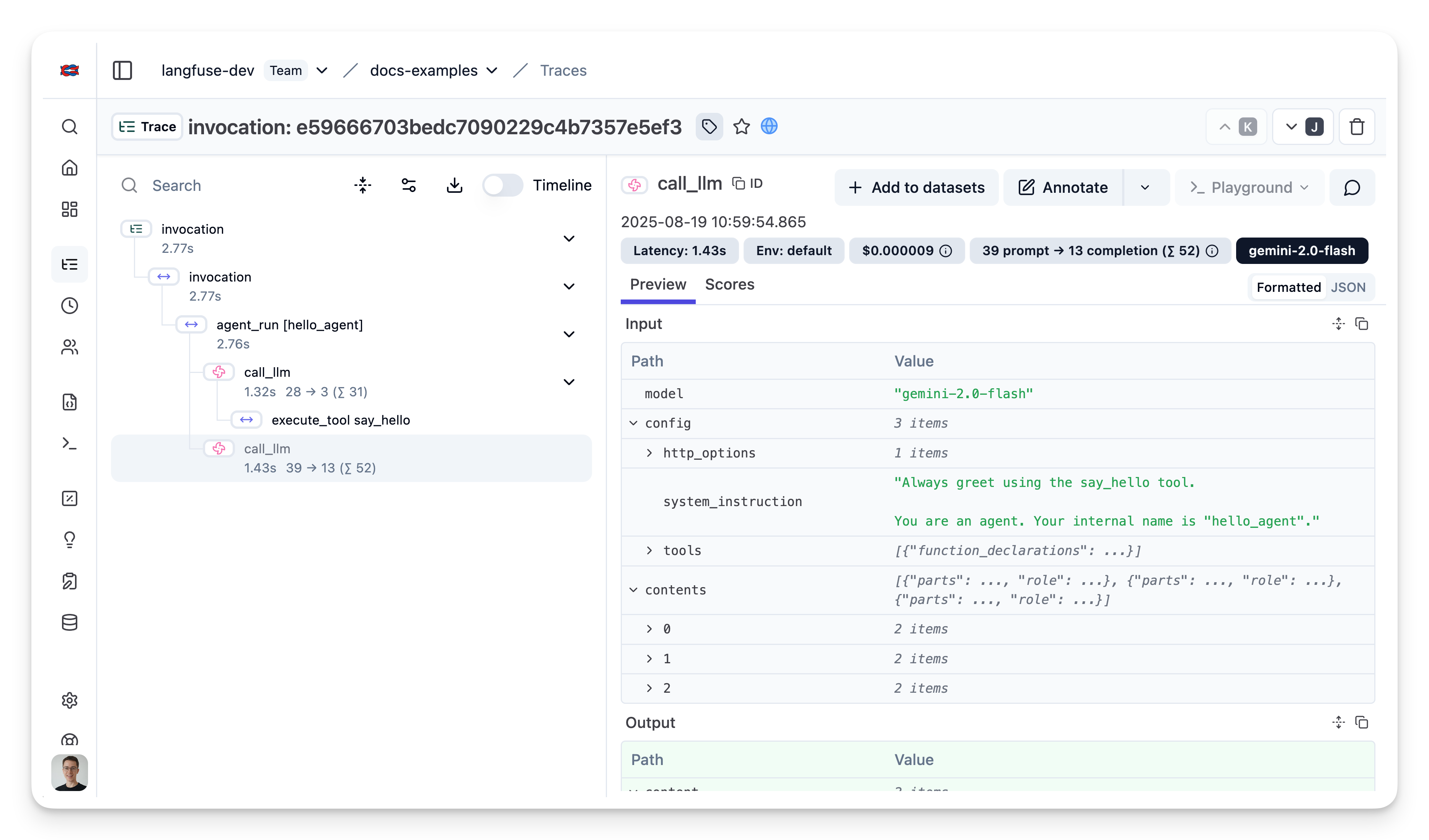 Google ADK example trace in Litefuse