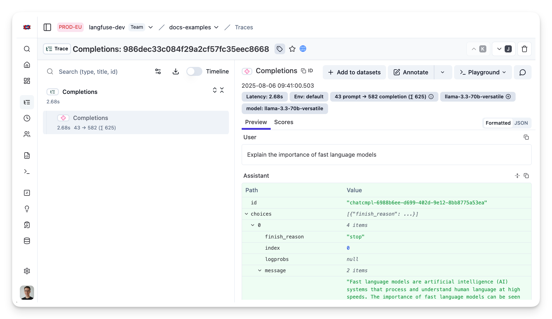 Example trace in Litefuse