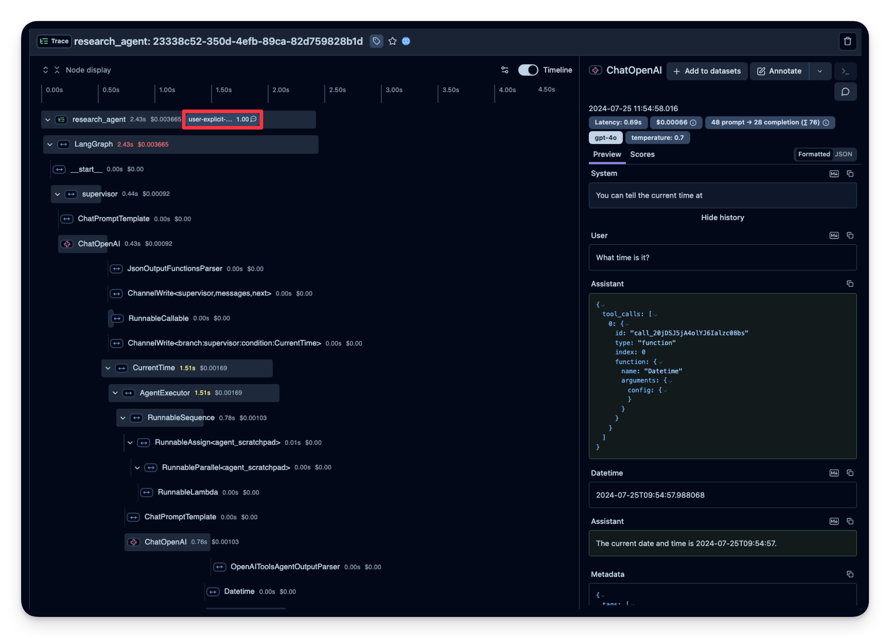 Trace view including added score