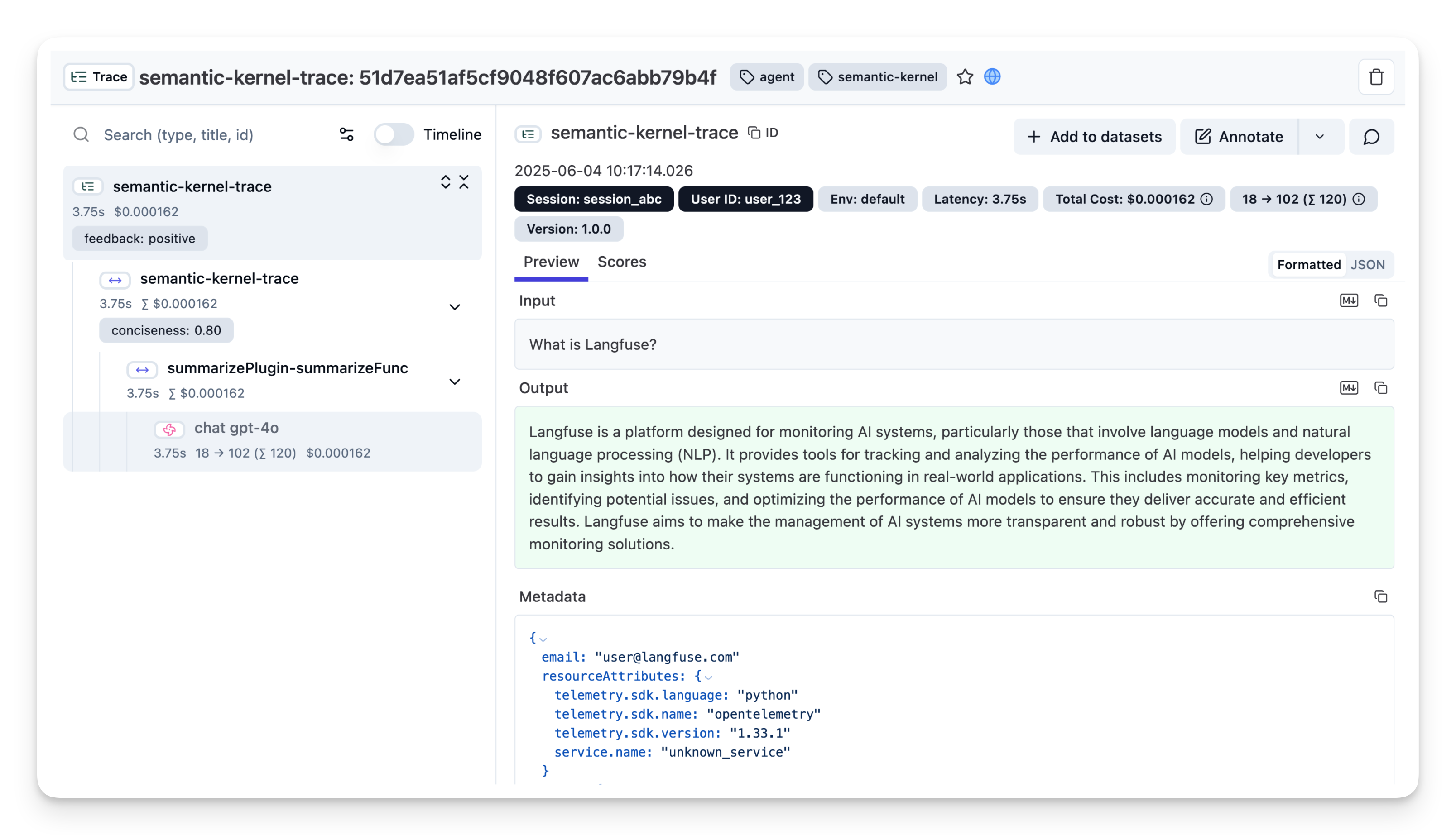 Litefuse Trace of Semantic Kernel Application
