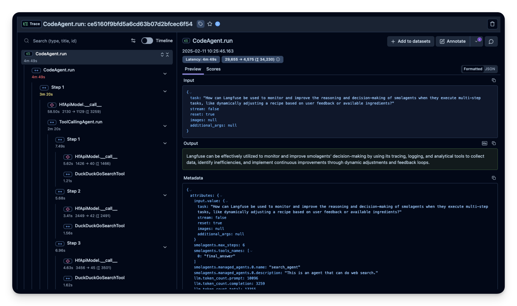 smolagents example trace