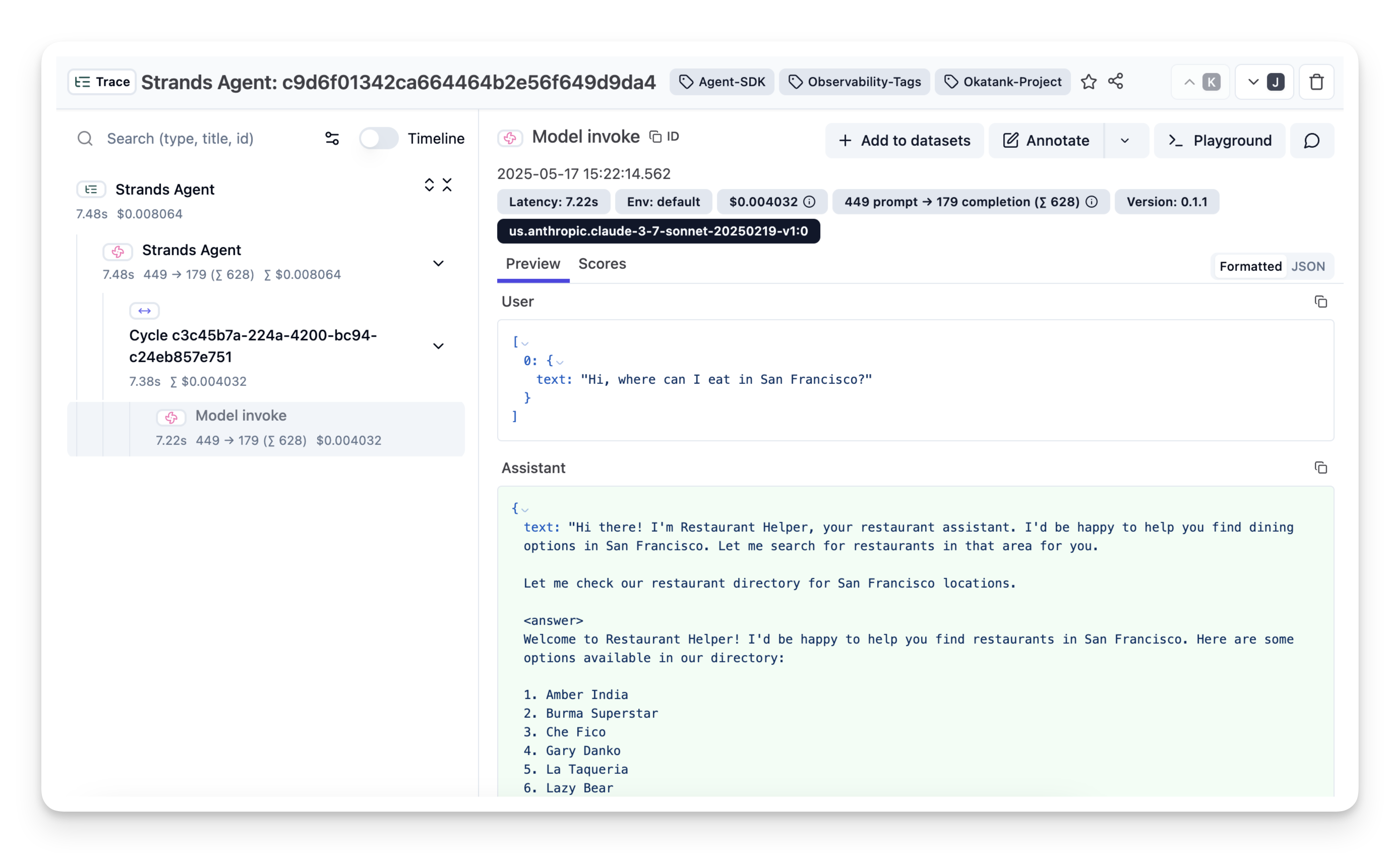 Example trace of a Strands agent interaction in Litefuse