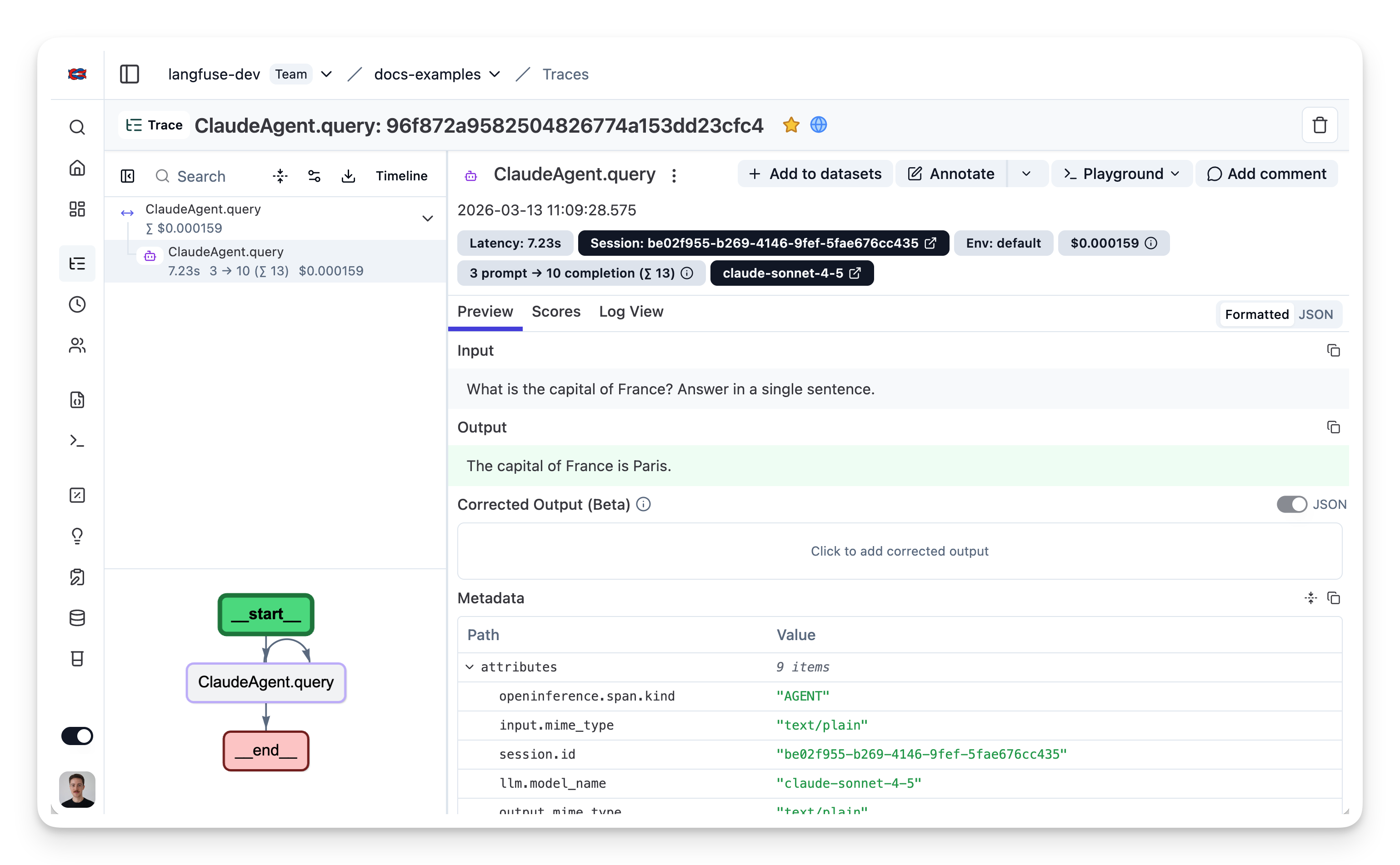 Claude Agent SDK JS/TS example trace in Litefuse