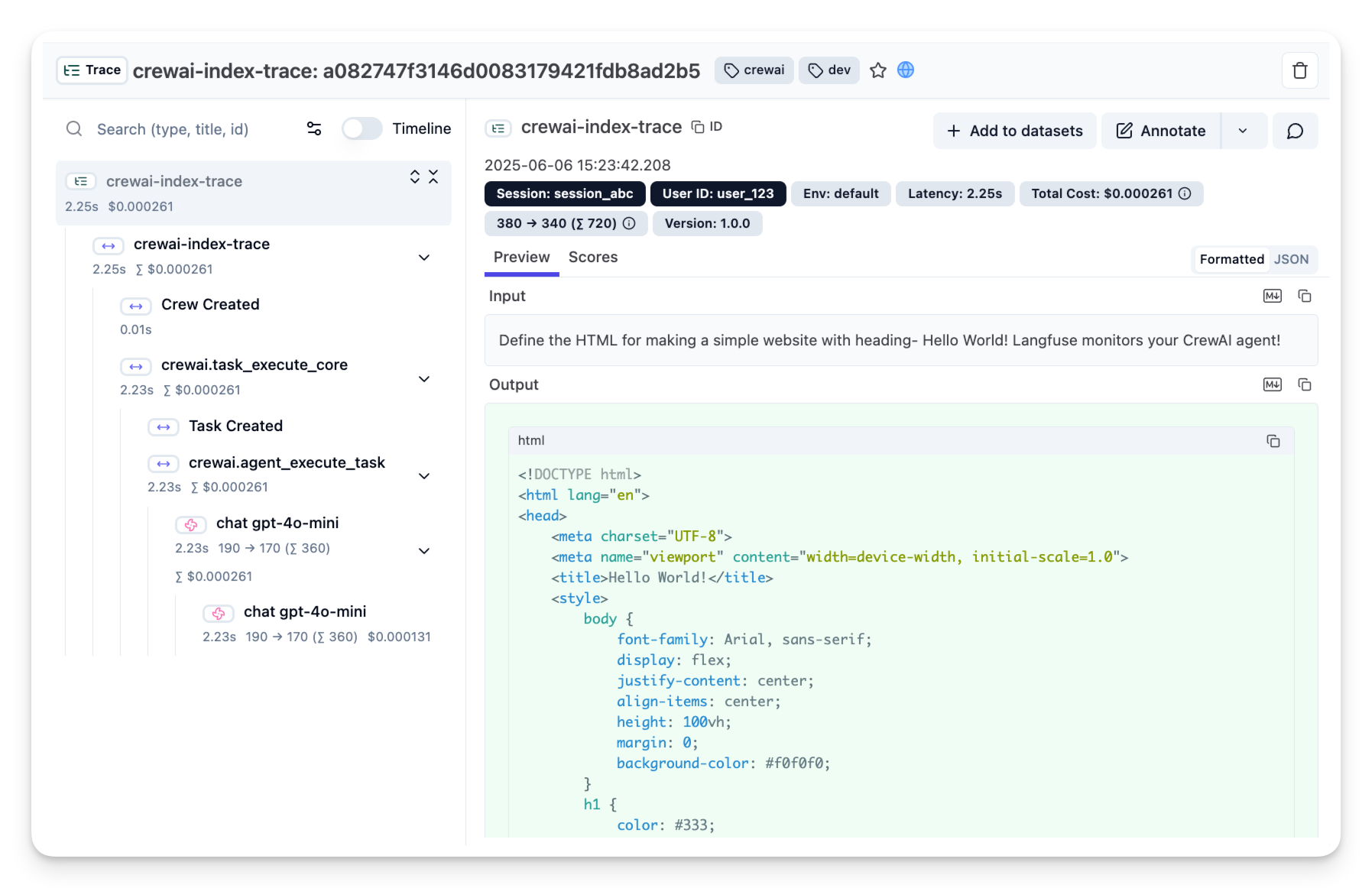 CrewAI example trace in Litefuse