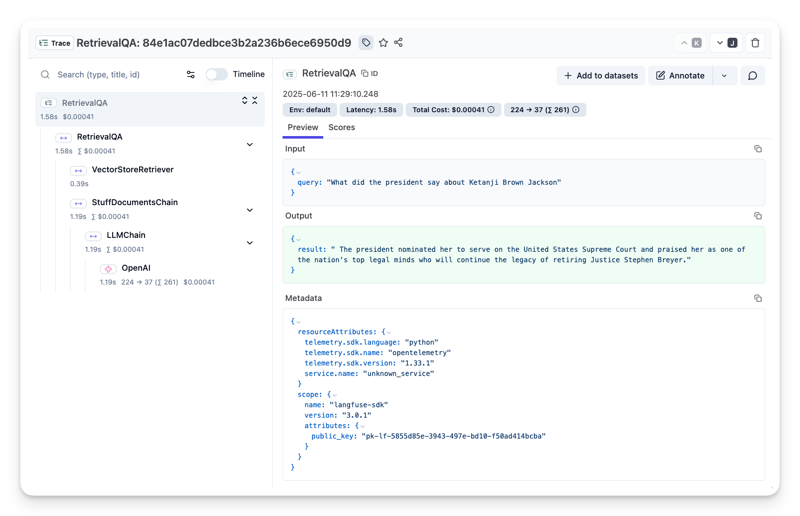 Trace of Langchain QA Retrieval in Litefuse