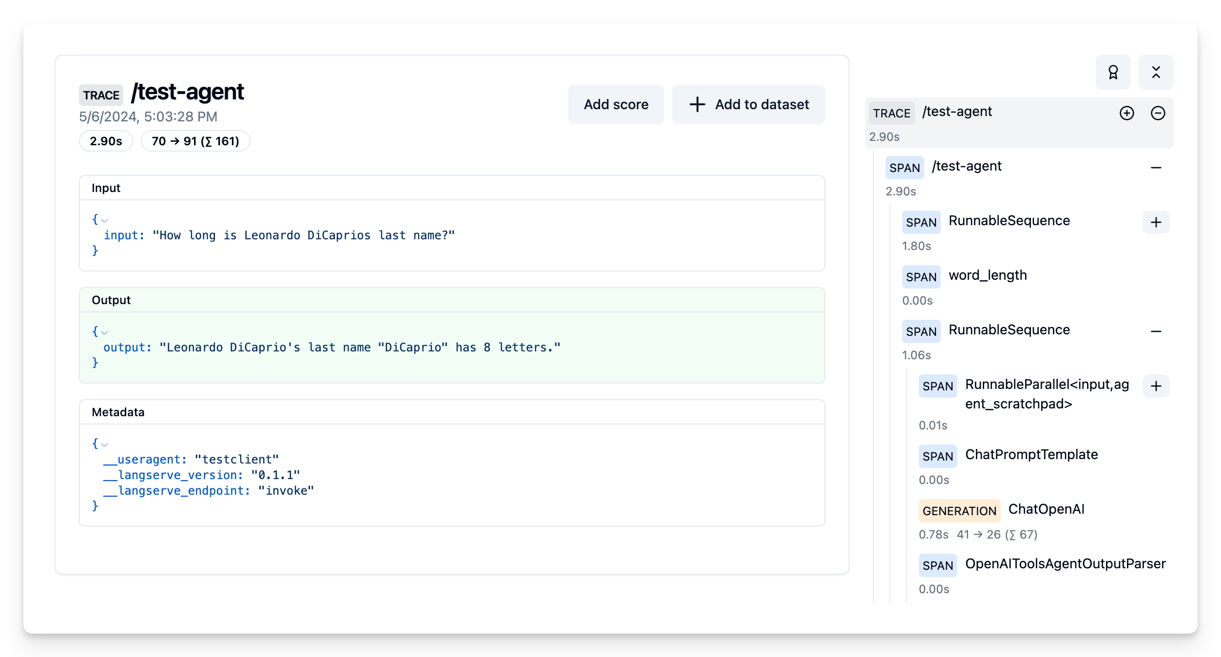 Trace of Langserve Agent example
