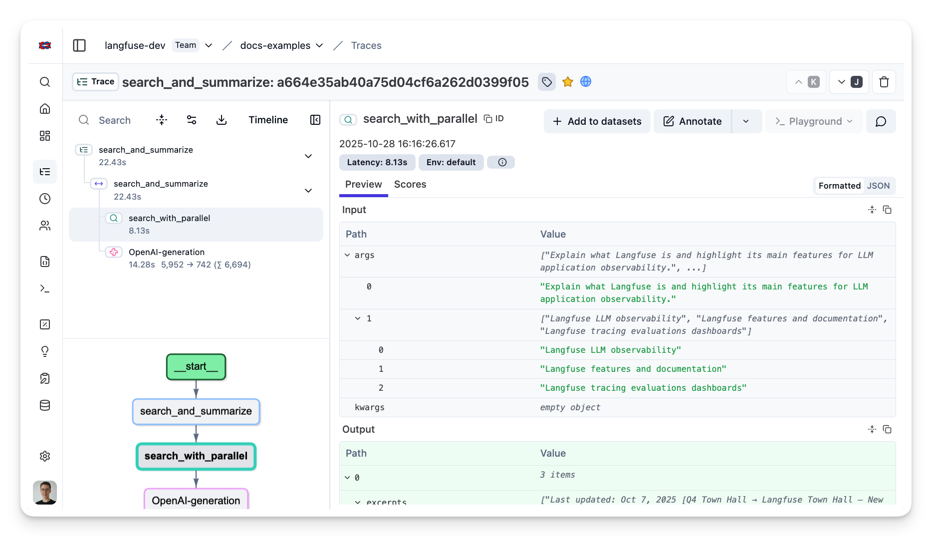 Parallel Example trace in Litefuse UI