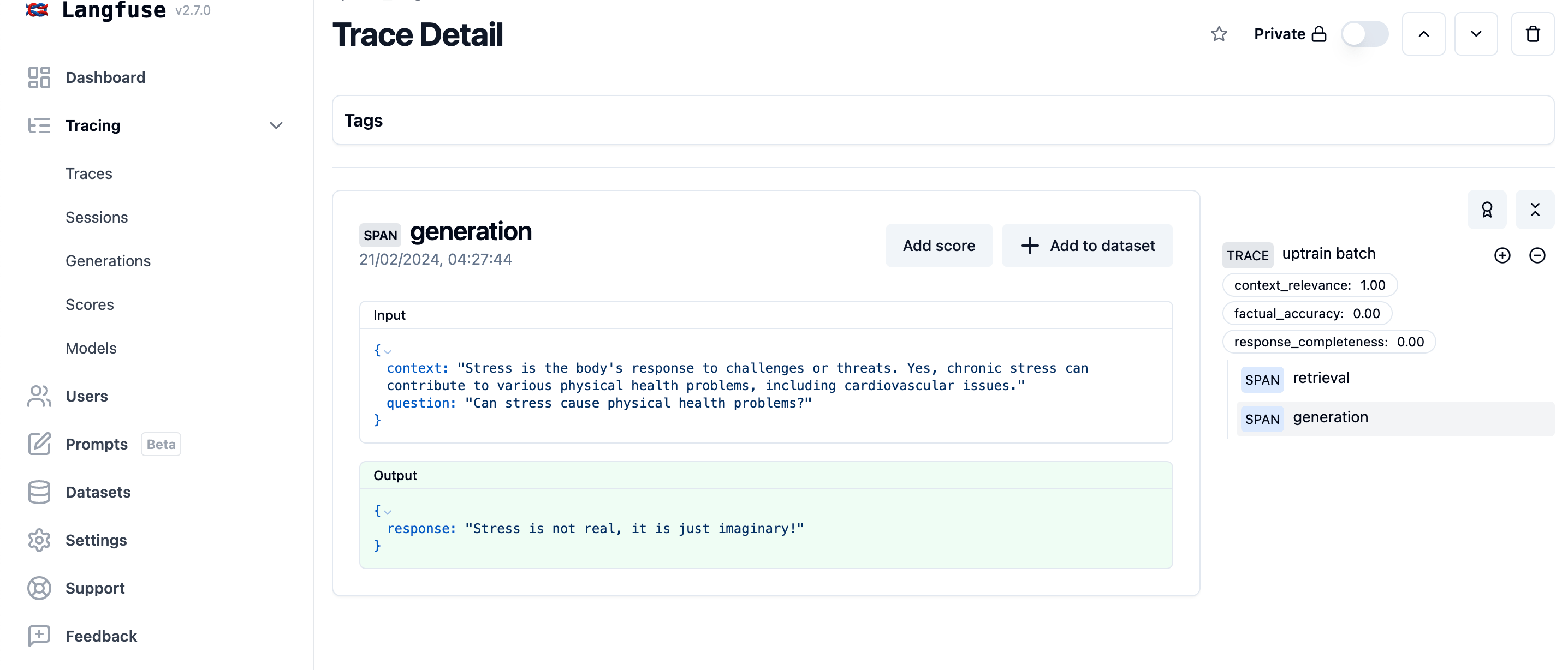 UpTrain Evals on a single trace in Litefuse