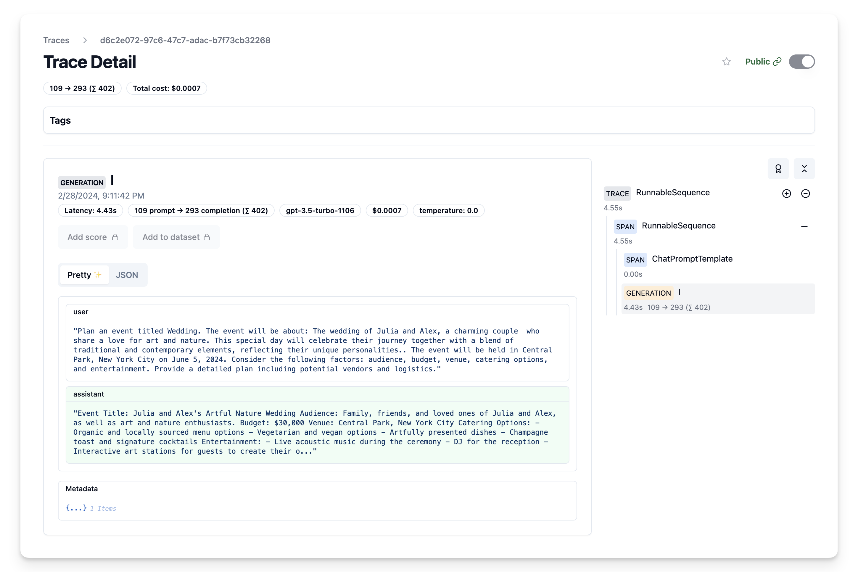 Trace of prompt used in Langchain in Litefuse