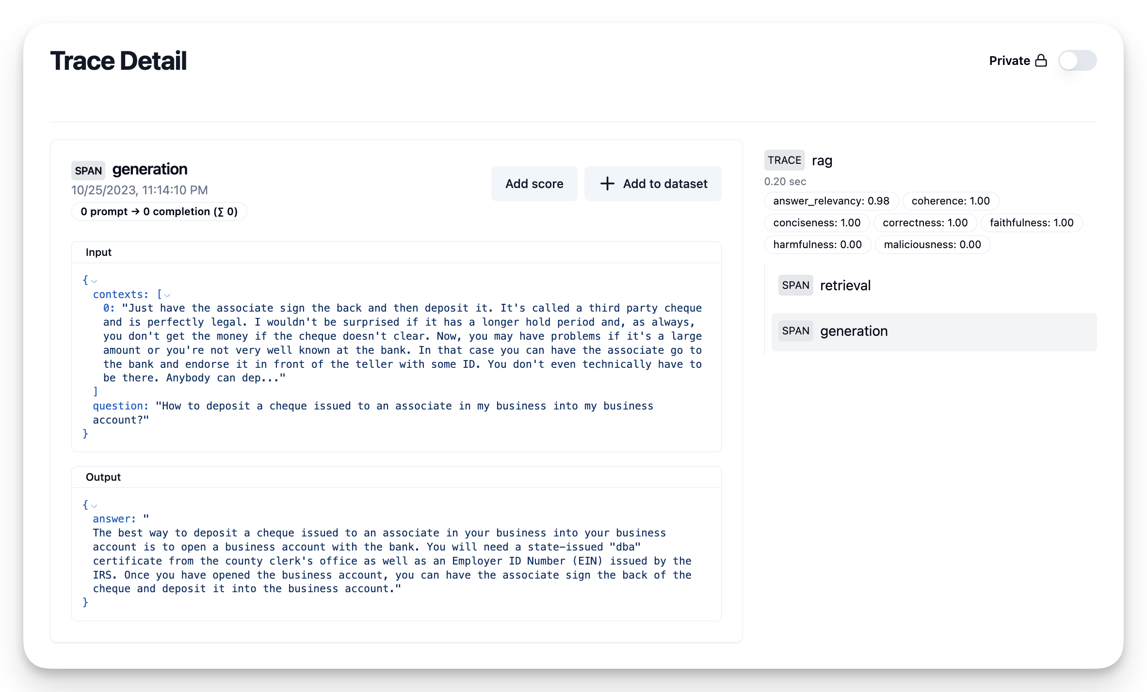 Trace with RAGAS scores